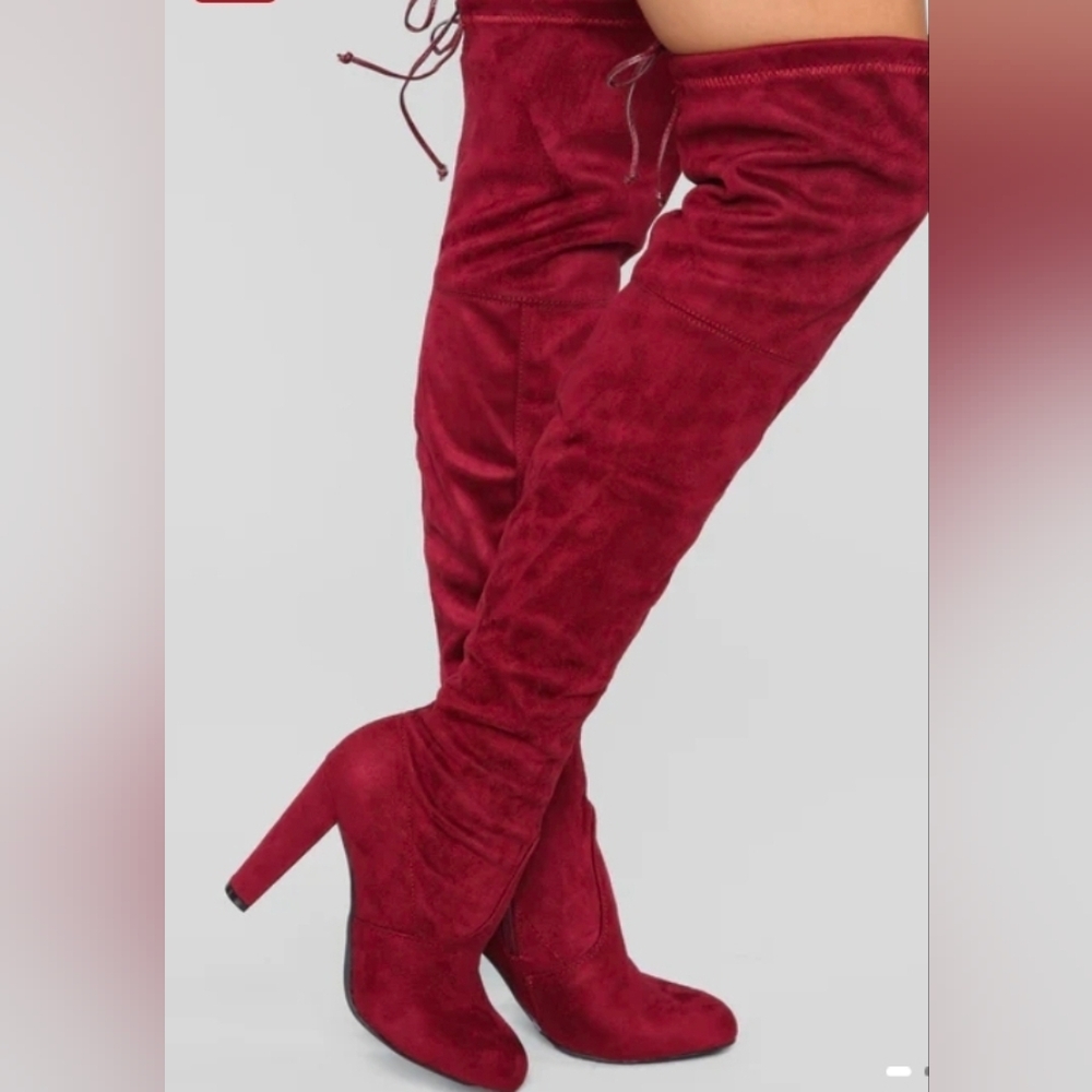 Burgundy OTK Faux Suede Tie-Back Block Heel Boots